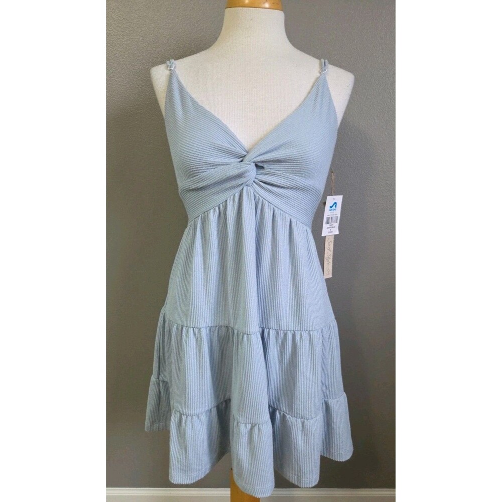 NWT Surf Style |Medium| Aquatic Blue Ribbed Twist Top Tiered Babydoll Mini Dress